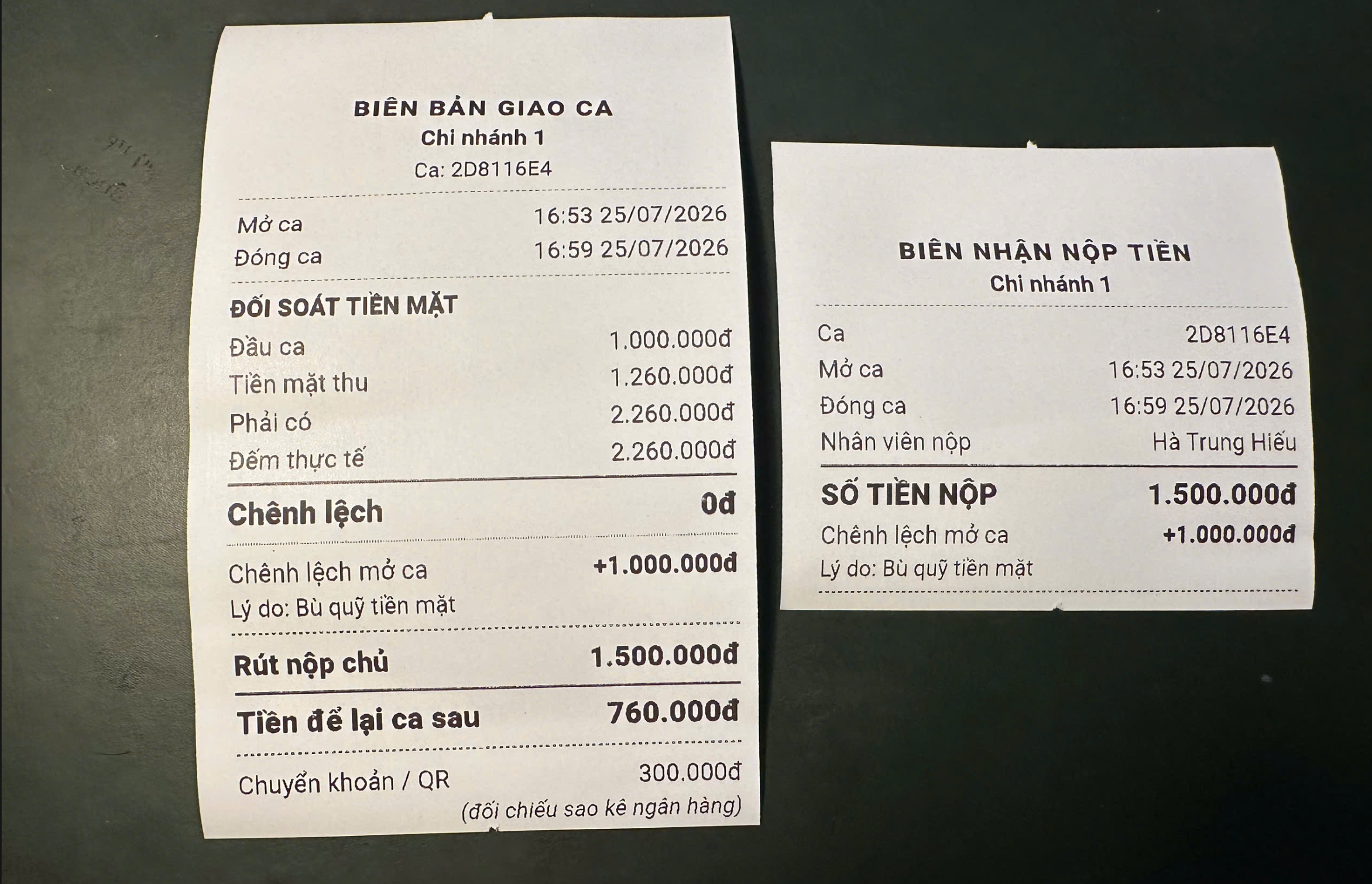 Màn hình chốt ca tiền mặt